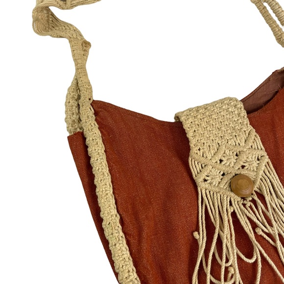 Vintage Boho Hippy Hemp Braided Hemp Wooden Button Flap Close Bag Purse Sack 70s - Picture 3 of 16